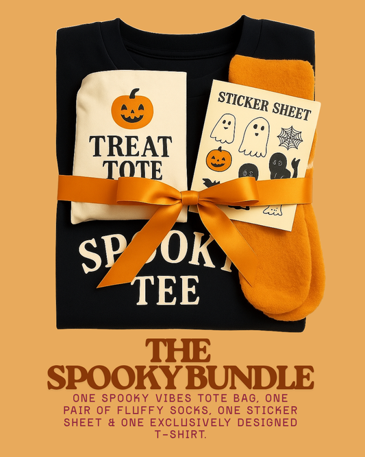 Surprise spooky Bundle-Tote, Tee, sticker sheet & socks!