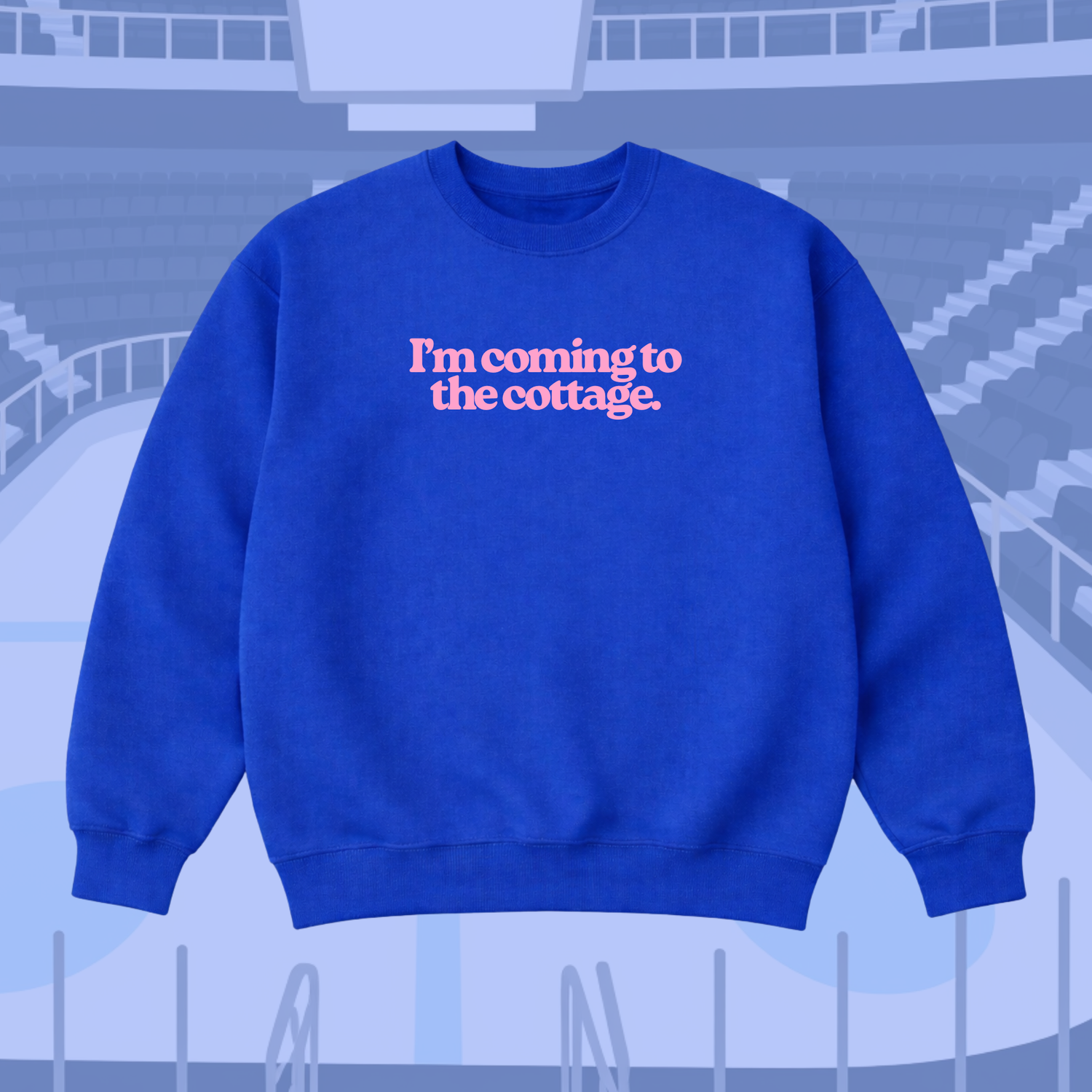 Blue sweatshirt with pink text 'I'm coming to the cottage' on a blue background