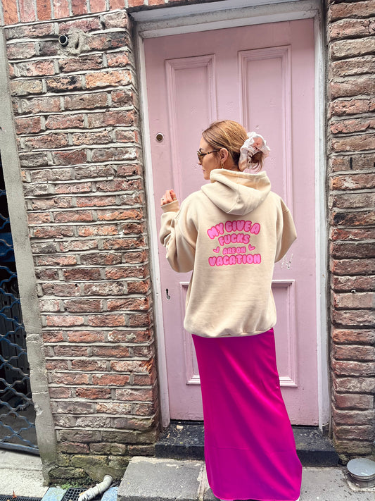 MY GIVE A FUCKS ARE ON VACACTION BOYFRIEND FIT HOODIE