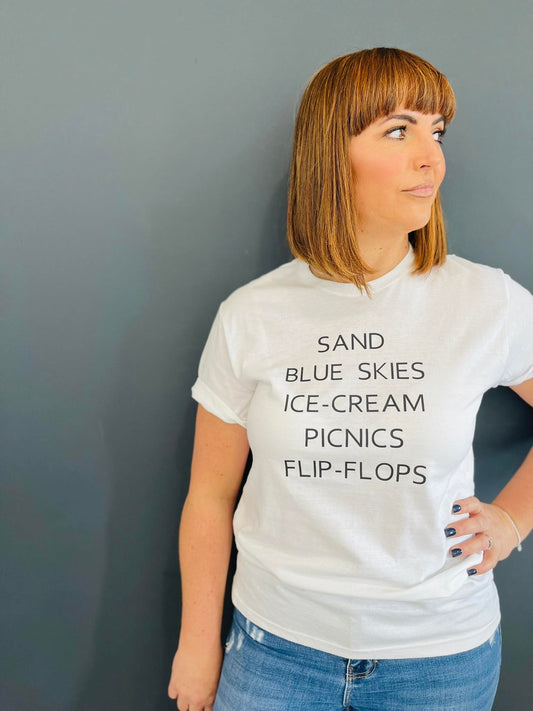 Slogan Tee t-shirt Summer Wear Words Sand Ice-cream flipflops sand picnics