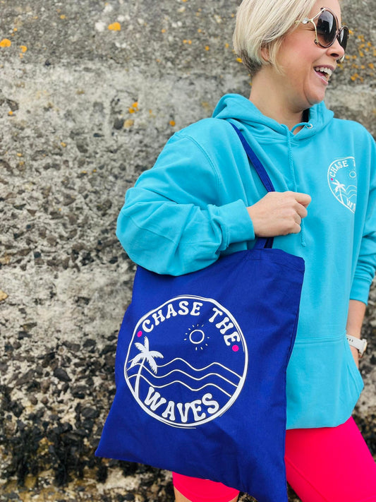 royal blue summer tote bag paper press chase the waves beach summer