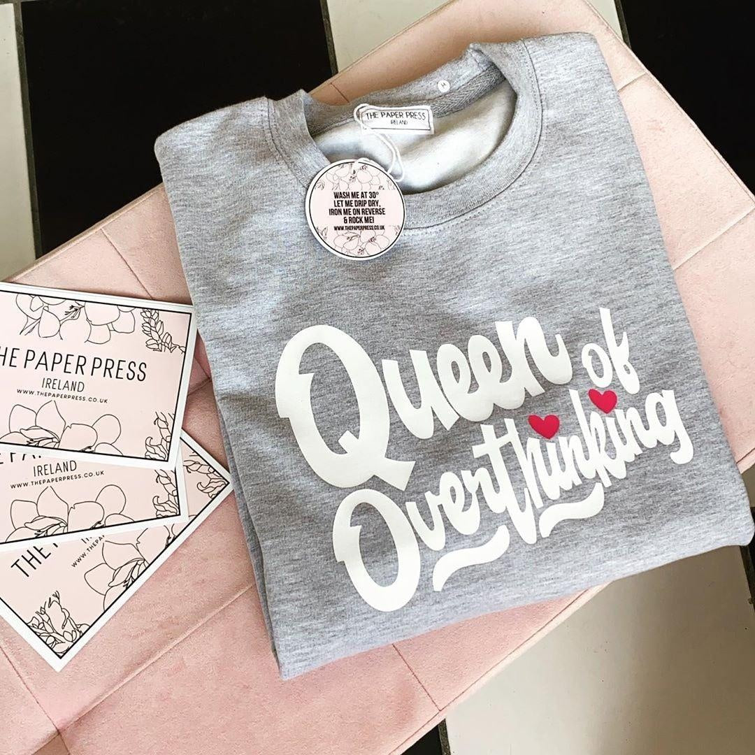 SALE MEDIUM HEATHER GREY QUEEN OF OVER THINKING SWEATER WHITE TEXT