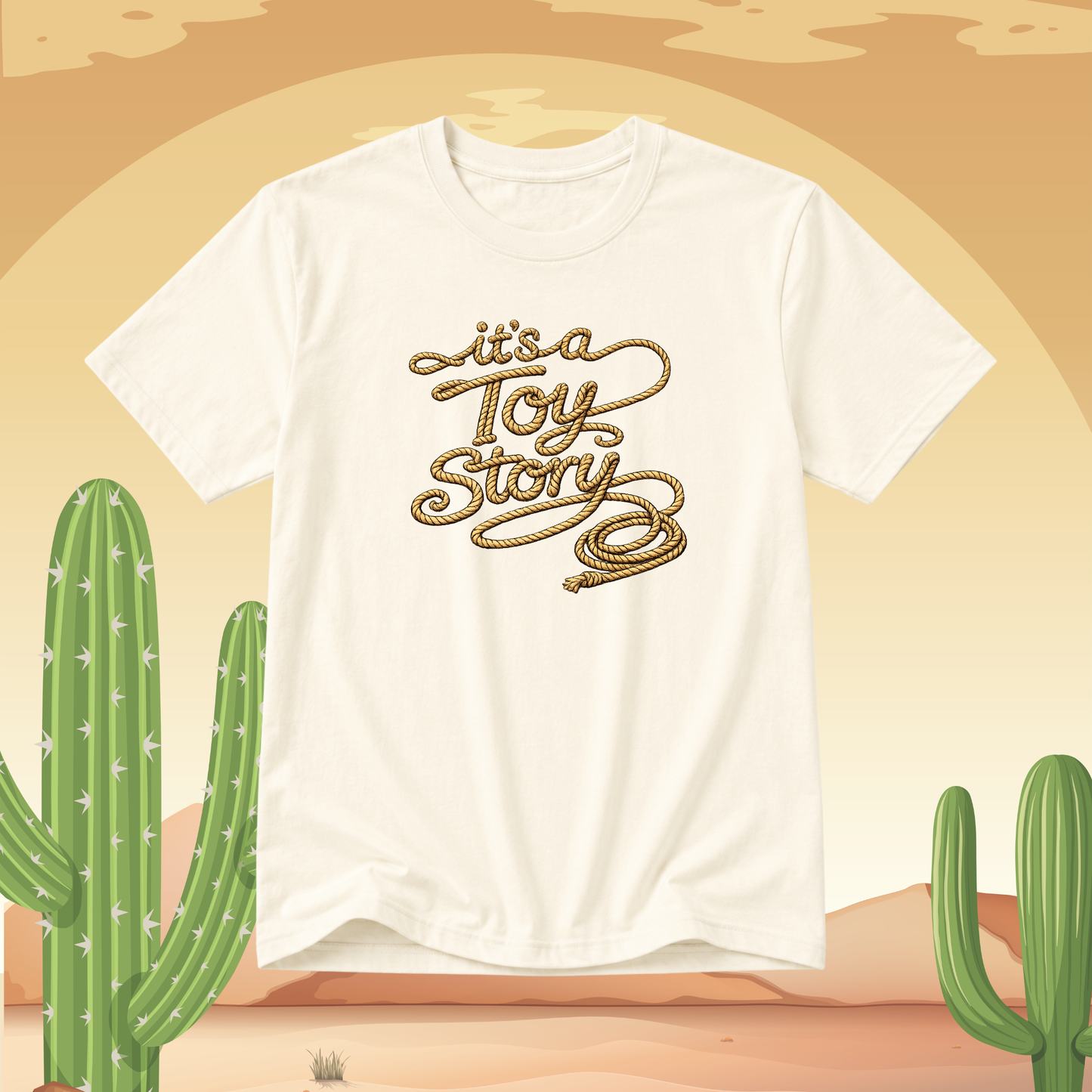 Vanilla t-shirt with 'it's a Toy Story' text on a desert background with cacti.