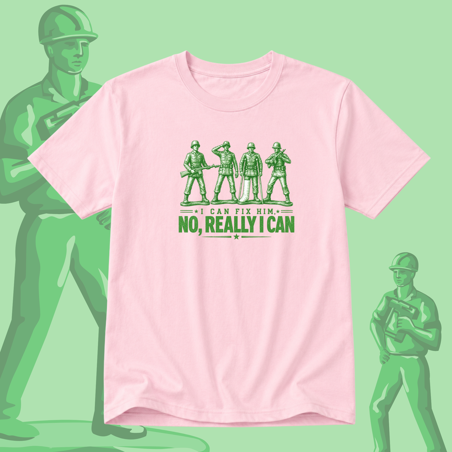 Pink t-shirt with green graphic and text on a light green background