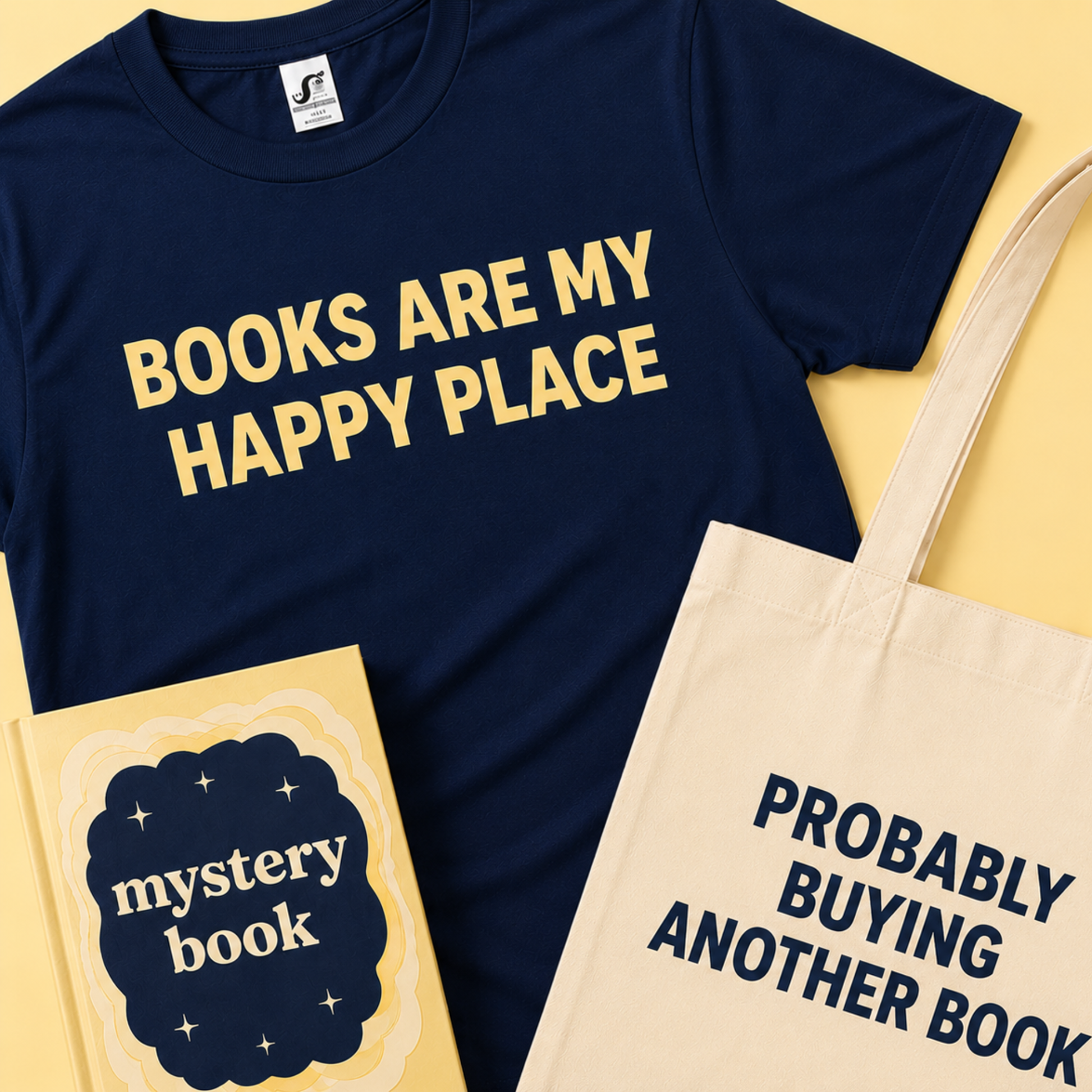 A navy blue graphic T-shirt with the phrase 'BOOKS ARE MY HAPPY PLACE' in yellow, shown alongside a cream canvas tote bag with the phrase 'PROBABLY BUYING ANOTHER BOOK' in navy, and a yellow book cover reading 'mystery book'.