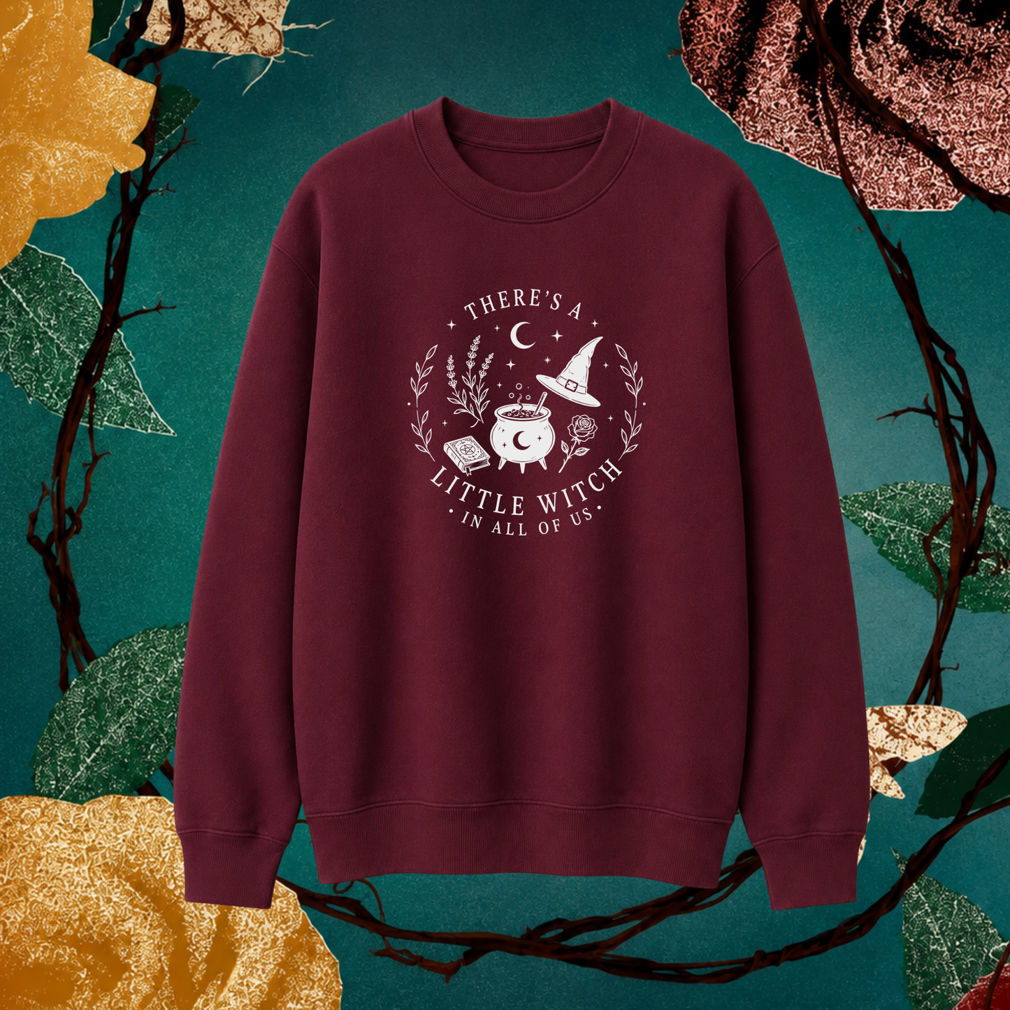 There’s a little witch in all of us sweater in burgundy with cream text 