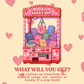 Illustration of a book-themed lucky dip machine with books inside on a pink background with hearts.
