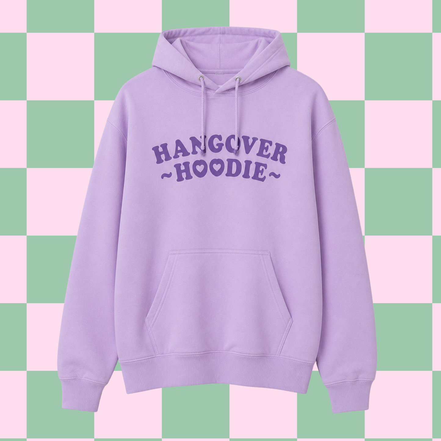 A light purple/lavender pullover hoodie with the words 'HANGOVER HOODIE' printed in dark purple across the chest, shown against a pastel pink and mint green checkered background.