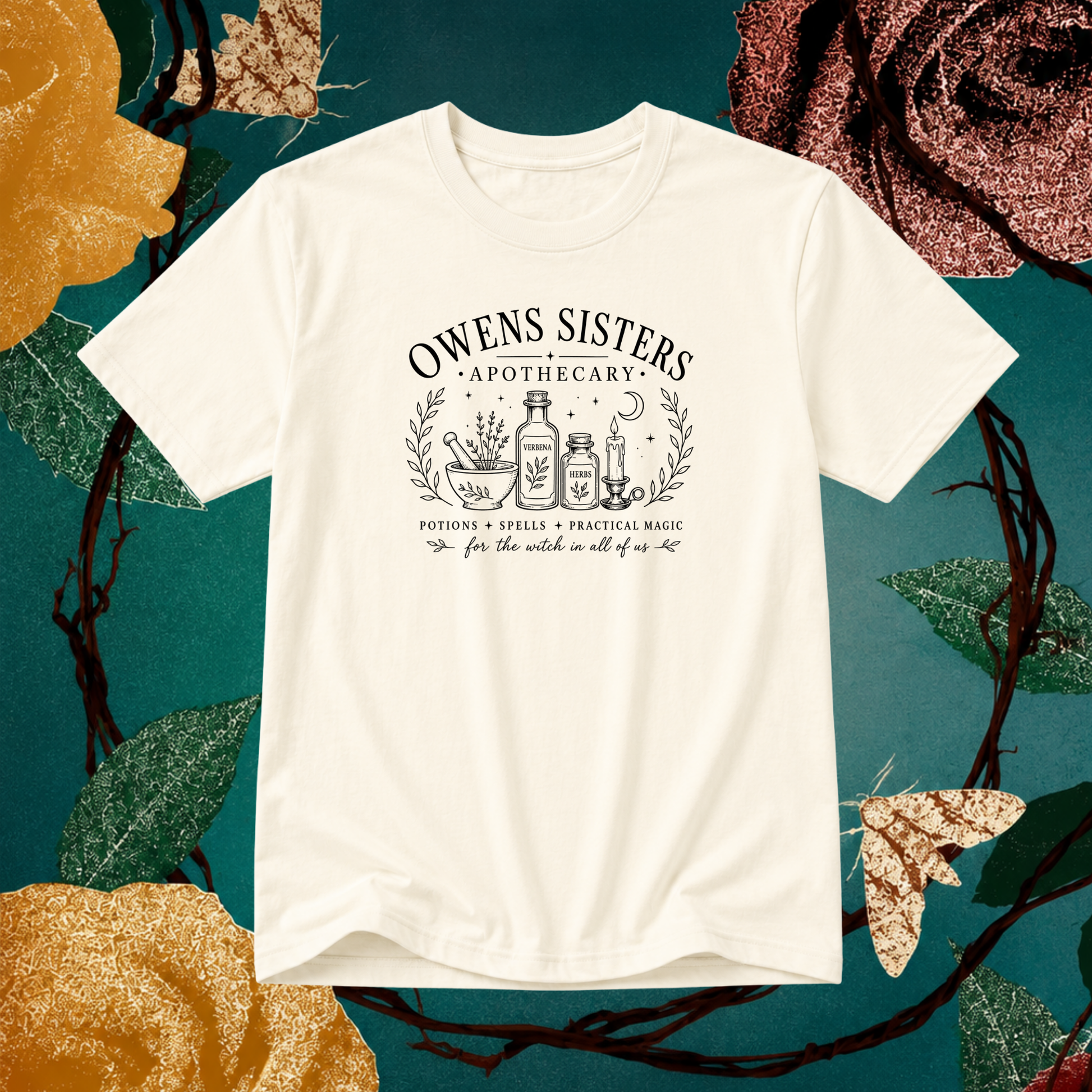 Practical Magic inspired t-shirt, Practical Magic coded tee, witchy t-shirt UK, Owens Sisters inspired tee, apothecary t-shirt, witch aesthetic clothing, autumn graphic tee, spooky season t-shirt, Halloween tee women, cosy autumn outfit, witchy graphic t-shirt, movie inspired t-shirt, small business clothing UK