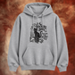 A light gray pullover hoodie with a black gothic-style graphic of a cat, candles, a skull, and the text 'Thackery Bink' and 'What Took, You, So Long?' on the front, shown against a smoky orange and red background.