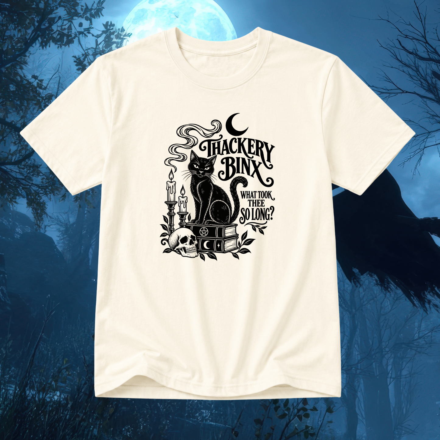 Cream Thackery Binx Hocus Pocus coded T-shirt with black vintage witchy cat, candles, spell books and “What Took Thee So Long?” design.