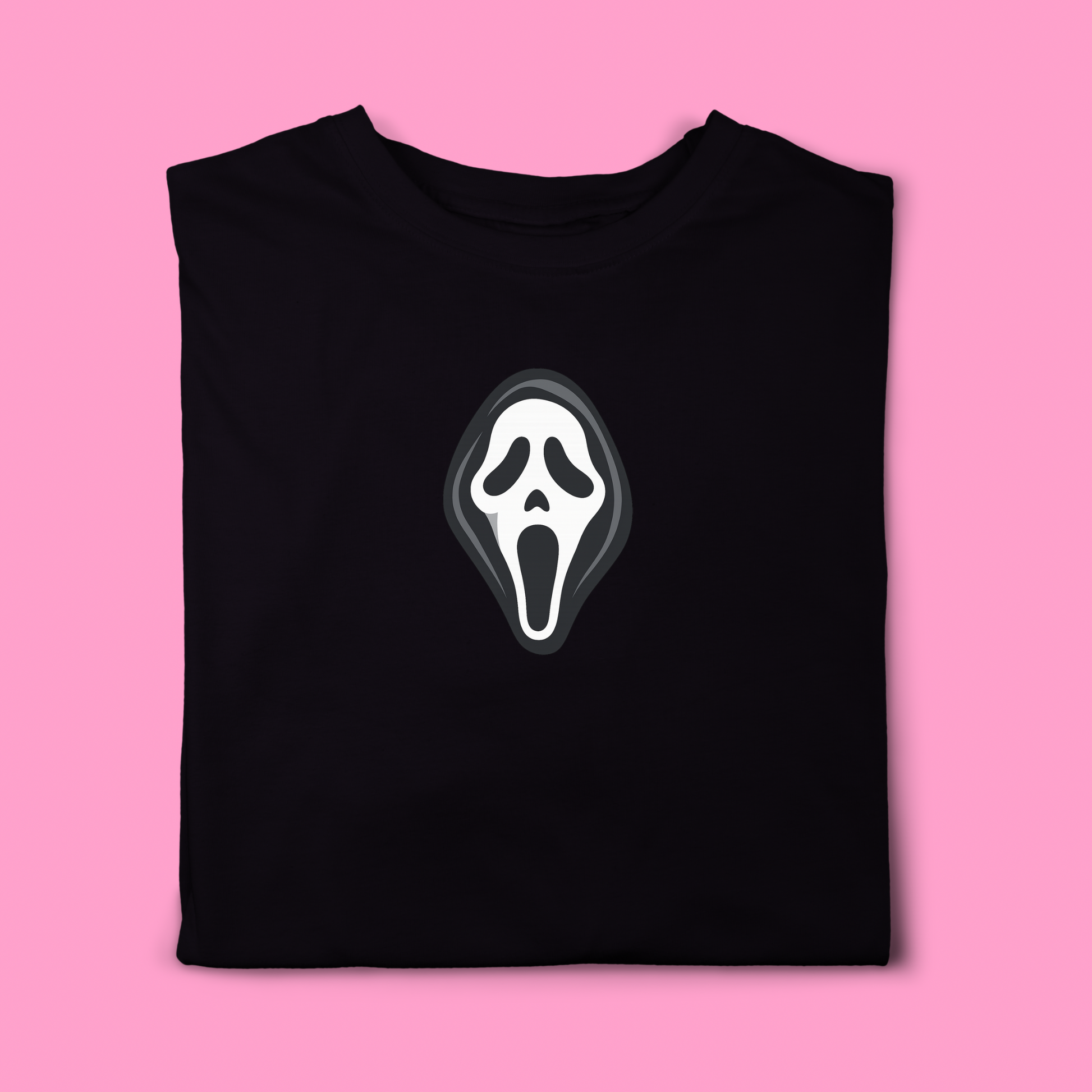 Black t-shirt with a white ghost face logo on a pink background