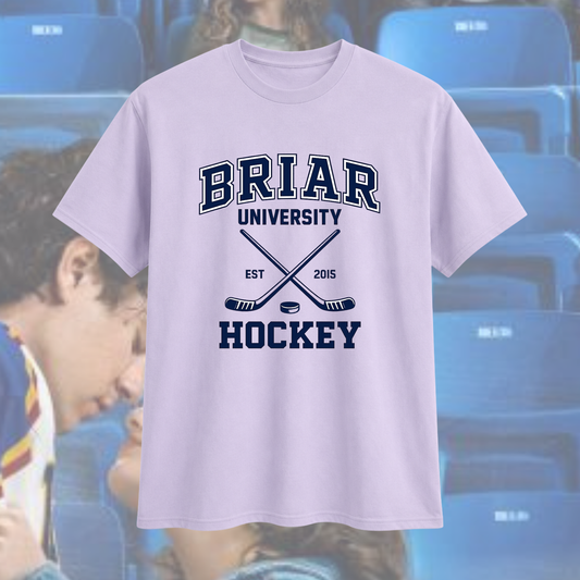 White t-shirt with 'Briar University Hockey' design on a blurred background