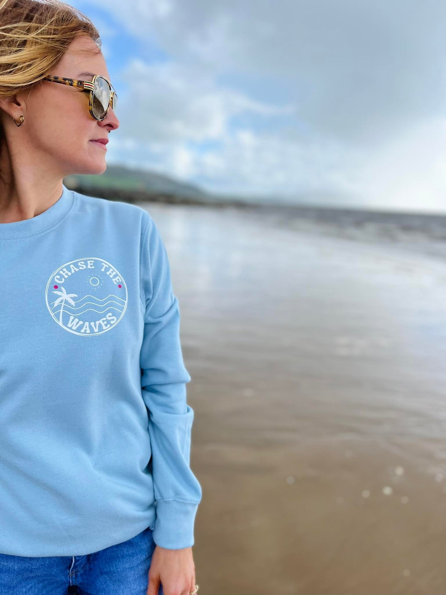 SALE XS BABY BLUE CHASE THE WAVES SWEATER WHITE TEXT