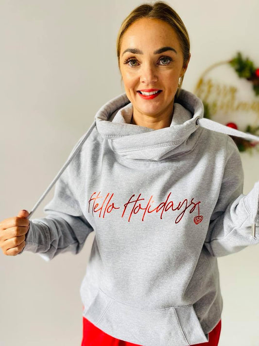 HELLO HOLIDAYS CROSS NECK HOODIE-ThePaperPress