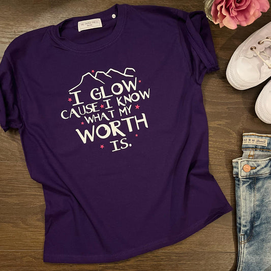 I GLOW CAUSE I KNOW WHAT MY WORTH IS KIDS TEE