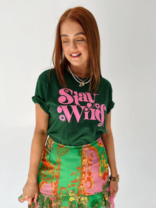SALE XS BOTTLE GREEN STAY WILD TEE BABY PINK TEXT