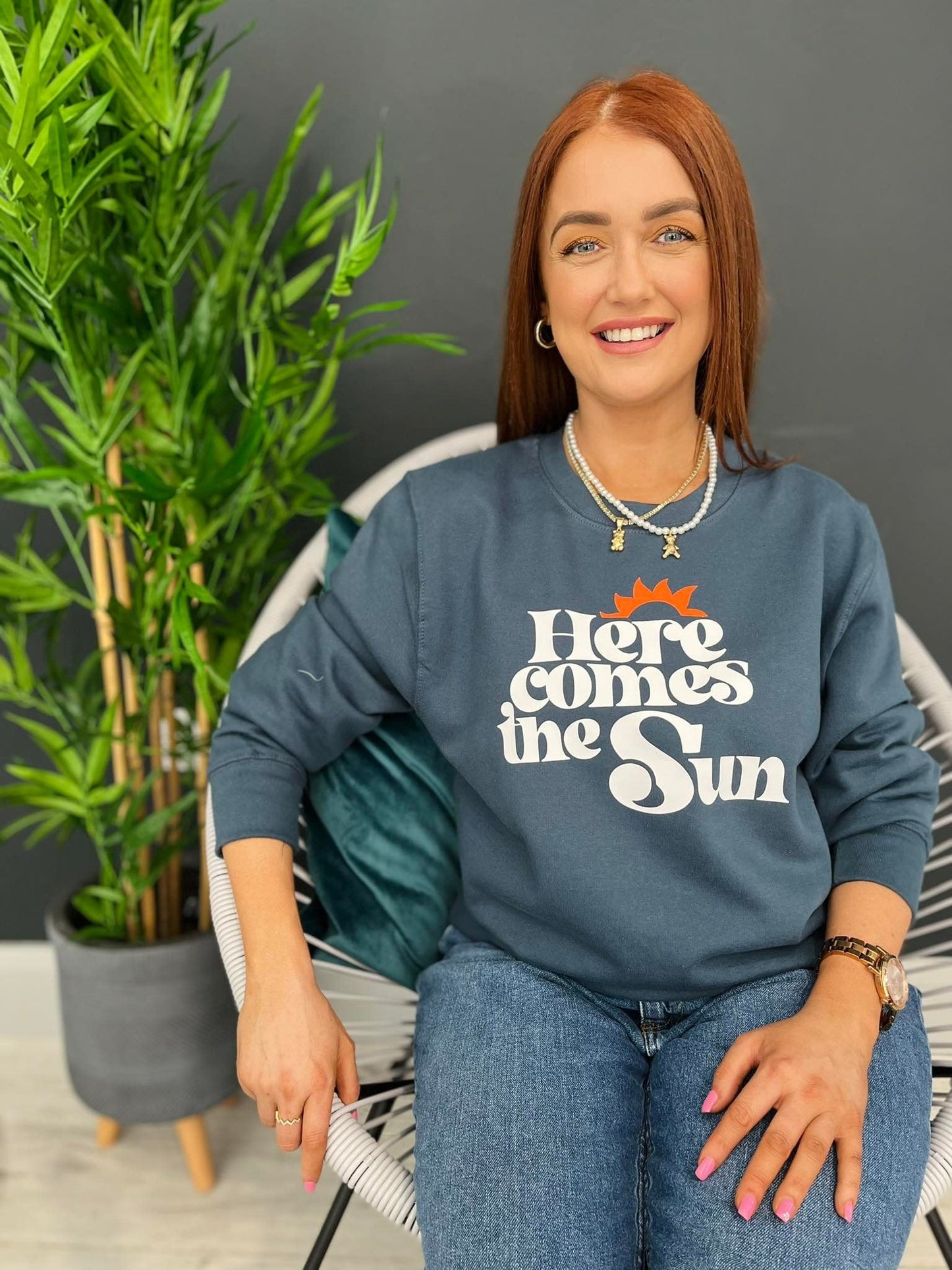 SALE | SMALL HERE COMES THE SUN SWEATER | AIRFORCE BLUE WITH WHITE TEXT